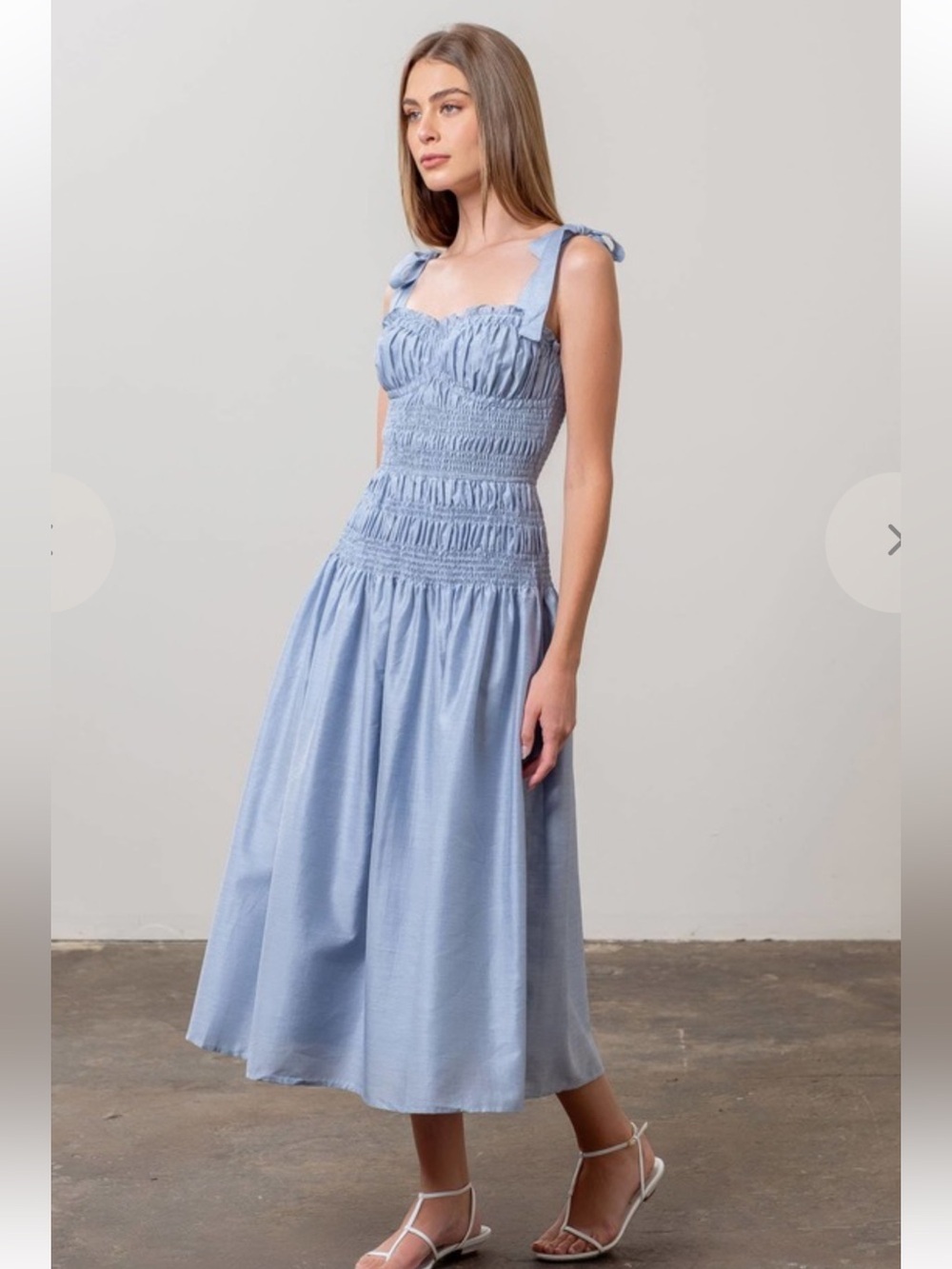 Moon River Anthropologie Shirred Midi Dress Blue Ribbon Tie Straps Ruffle Large - Picture 2 of 13